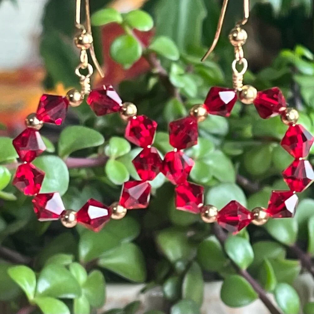 Swarovski Crystal Dangle Earrings| Red Crystal Hoop Earrings - Picture 7 of 9